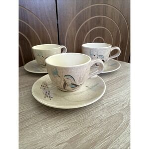 3 VTG Red Wing Pottery Quail Bob White Bobwhite Teacup  &Saucers Sets
